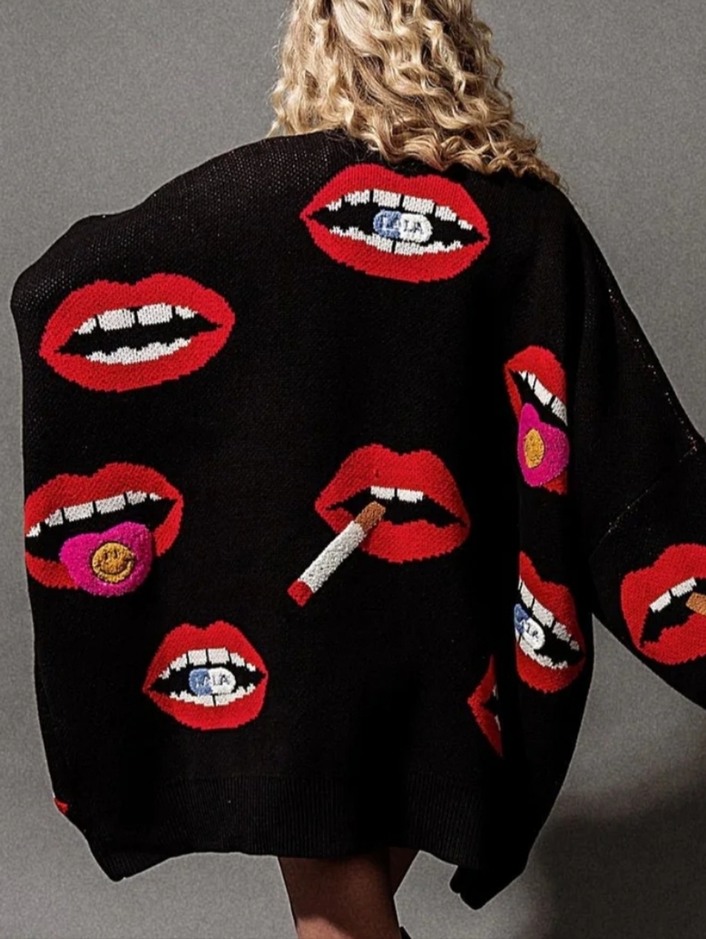 Black Lip-Print Oversized Women’s Sweater